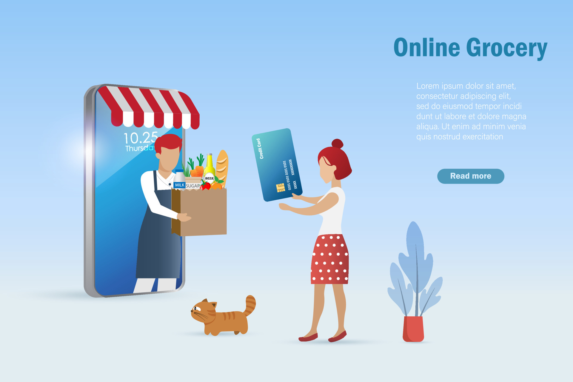 Online grocery home delivery service on smart phone app. Woman receive grocery bag on smartphone 