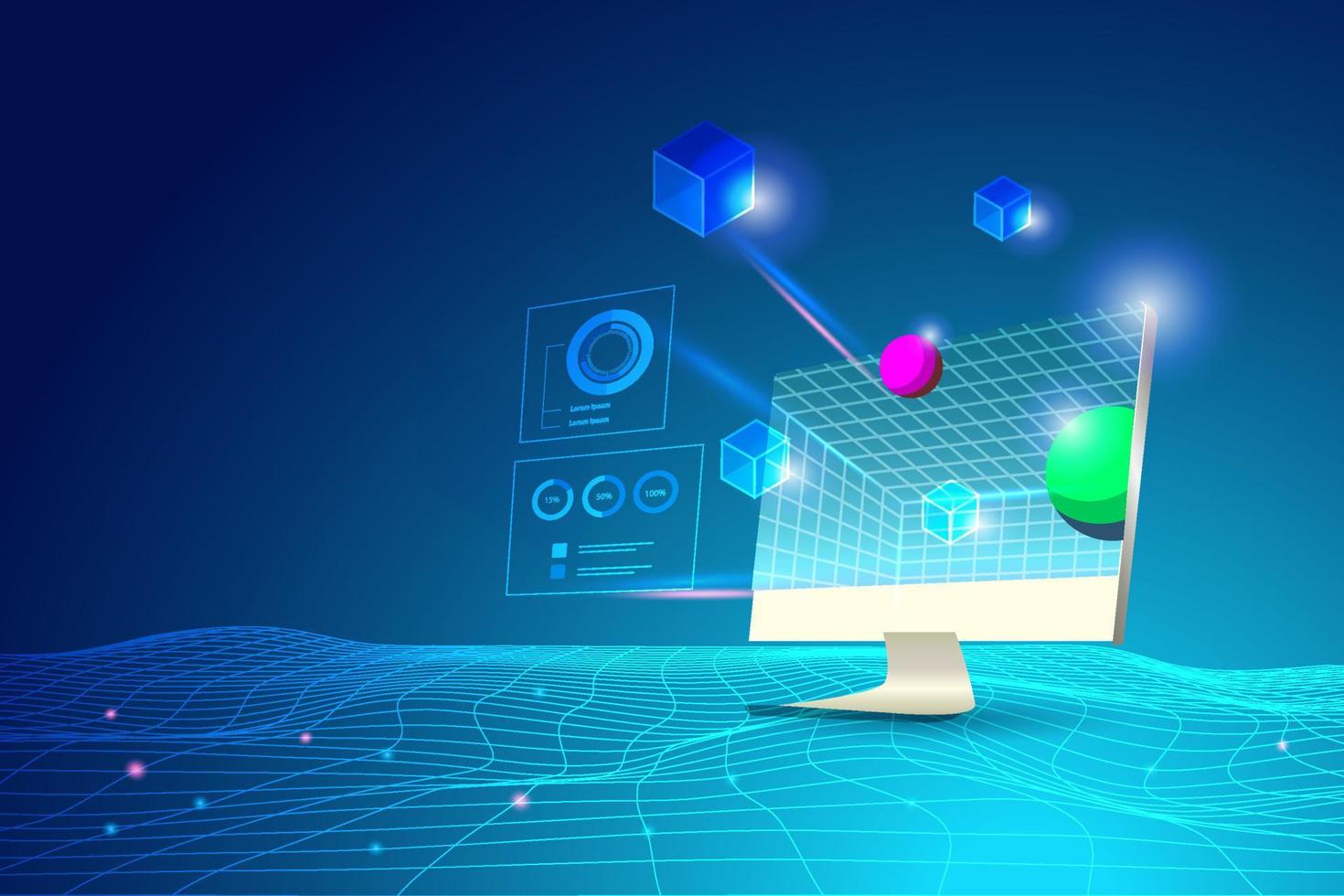 tecnología de cadena de bloques que conecta el cubo digital con grandes datos en la computadora. intercambio en línea y transferencia de información comercial de seguridad en un contexto futurista. vector