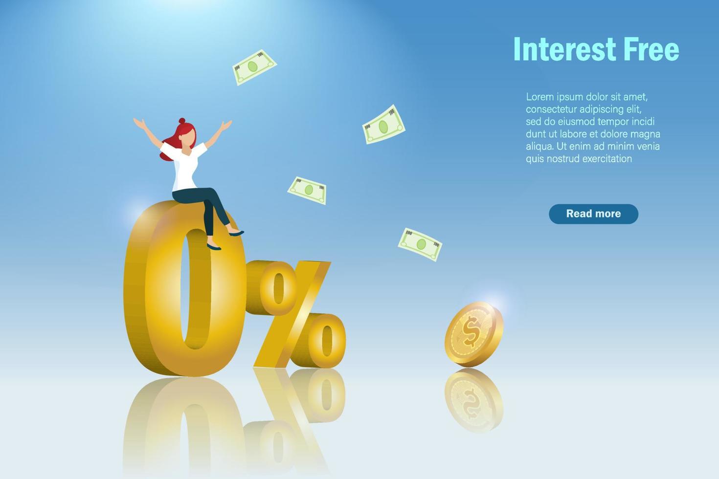 Happy woman on interest free rate. Financial promotion for banking, shopping, home loan and mortgage loan concept. vector
