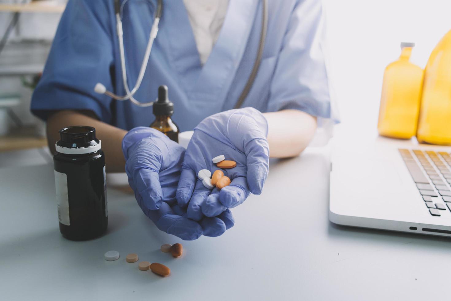 Double exposure of technology healthcare And Medicine concept. Doctors using digital tablet and modern virtual screen interface icons panoramic banner, blurred background. photo