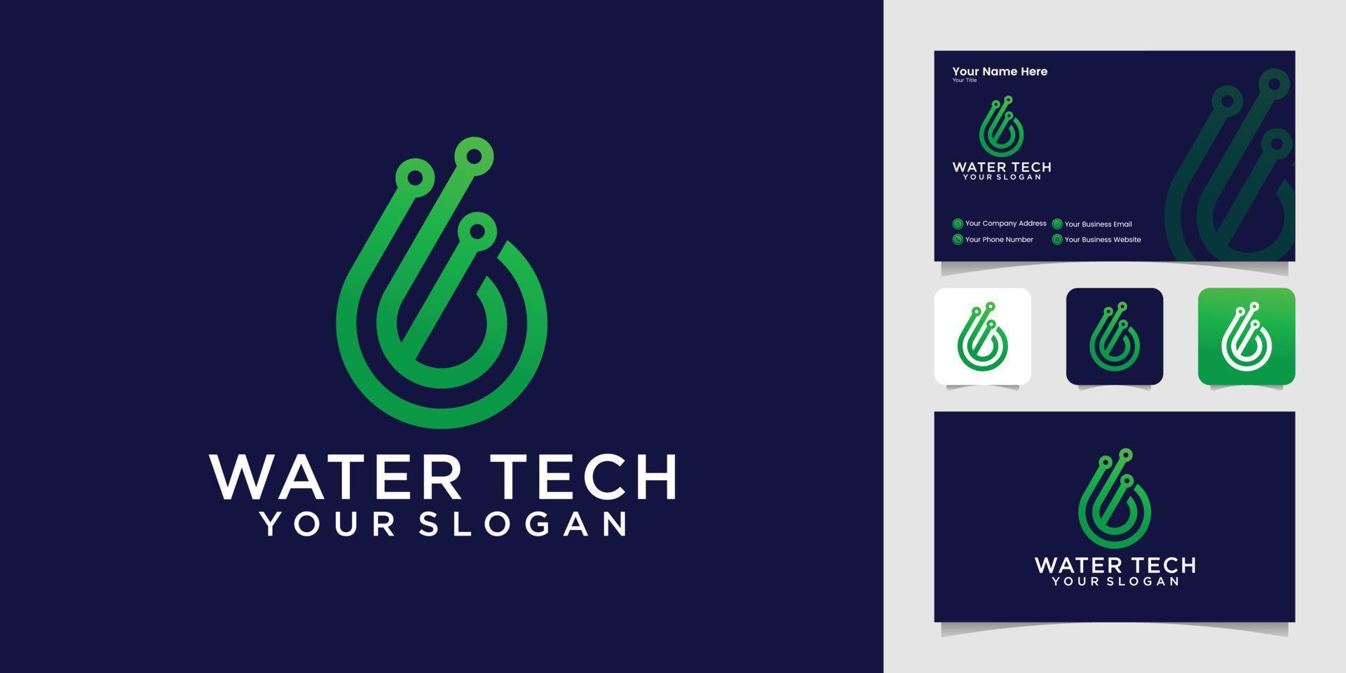 Water drop technology with outline style logo design template and business card vector