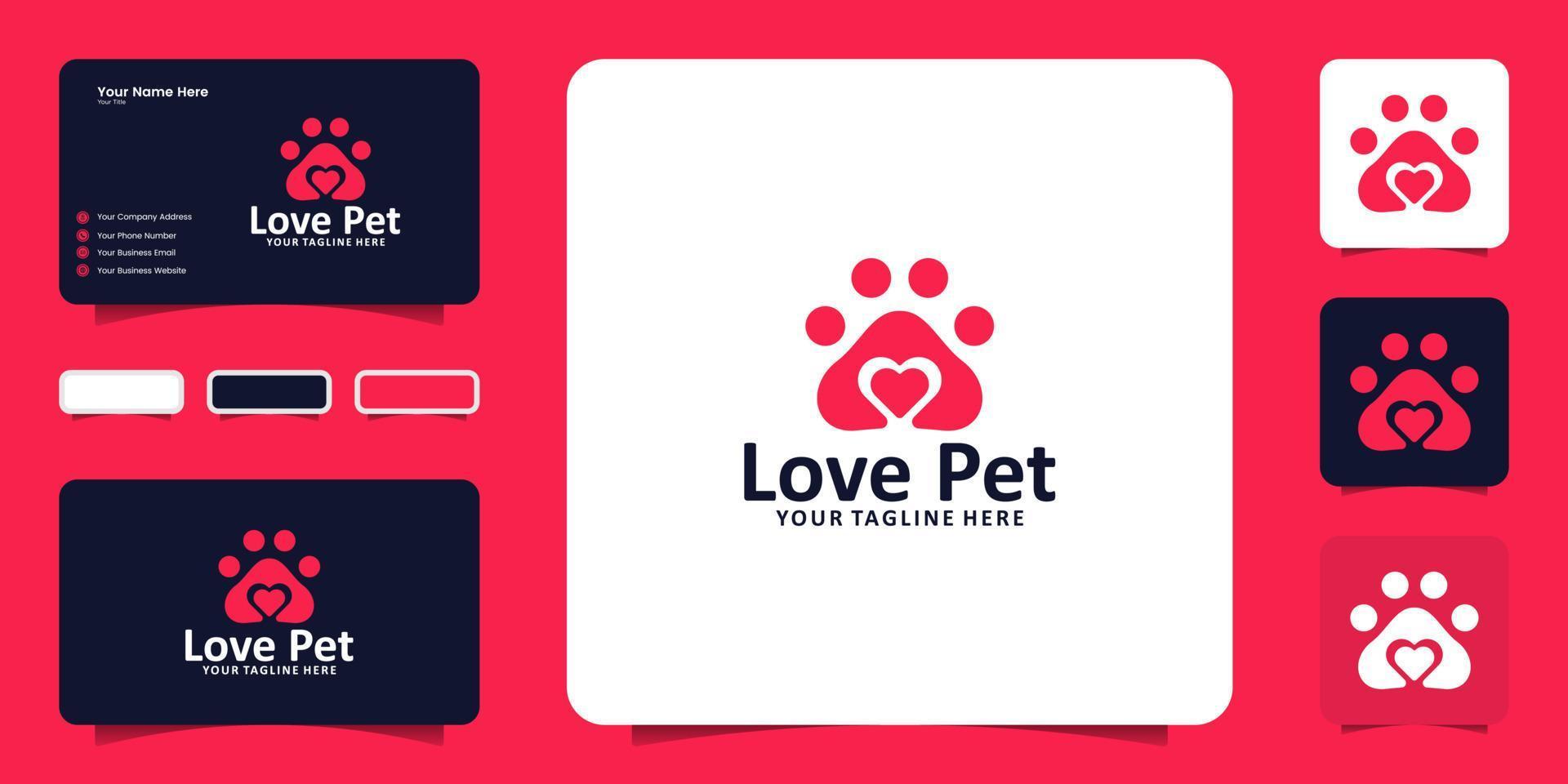 pet paw and heart logo design inspiration and business card vector