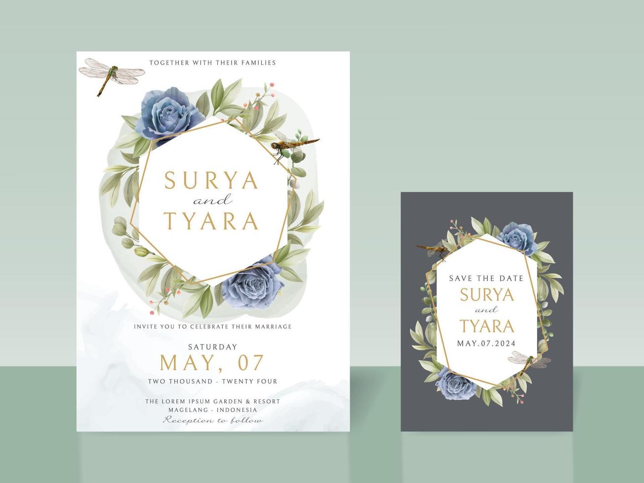 tarjeta de invitación de boda dibujada a mano con flores azules y libélulas vector