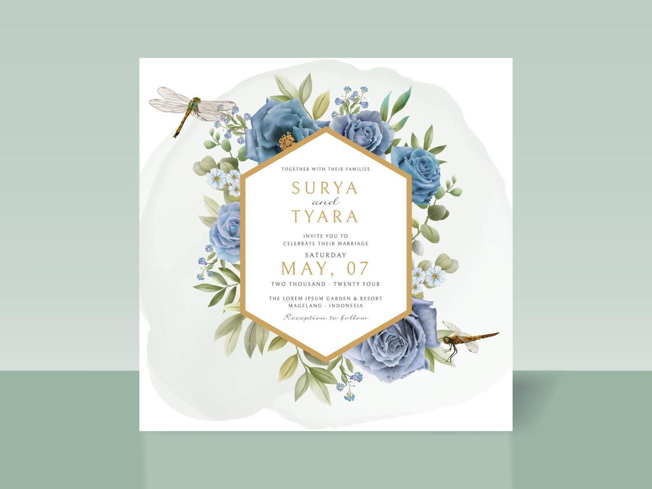 tarjeta de invitación de boda dibujada a mano con flores azules y libélulas vector