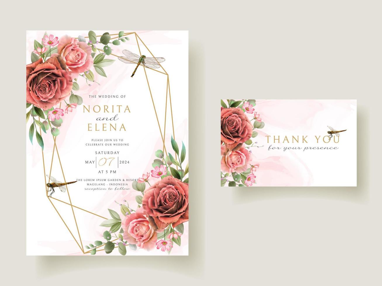 Floral and dragonfly painting watercolor wedding invitation card vector