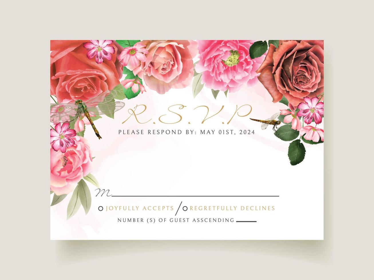 tarjeta de invitación de boda de acuarela de pintura floral y libélula vector