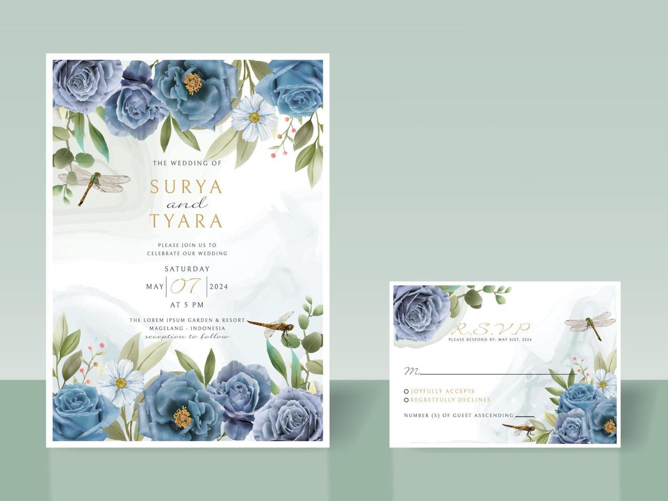 tarjeta de invitación de boda dibujada a mano con flores azules y libélulas vector