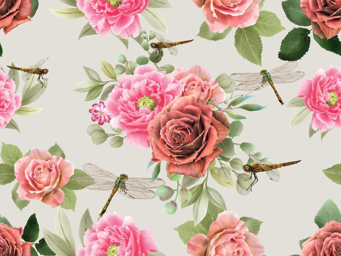 Floral and dragonfly painting watercolor seamless pattern vector