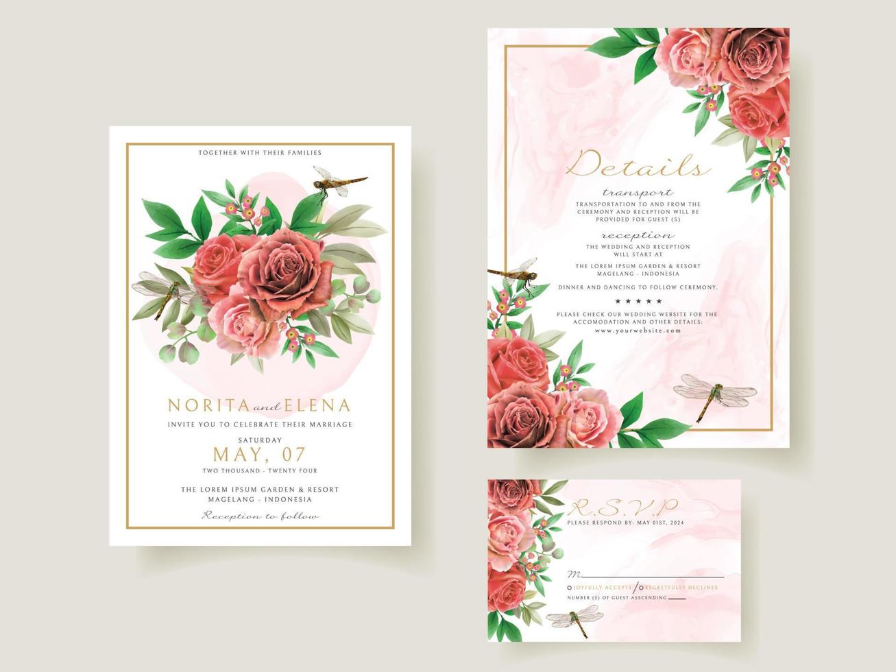 tarjeta de invitación de boda de acuarela de pintura floral y libélula vector