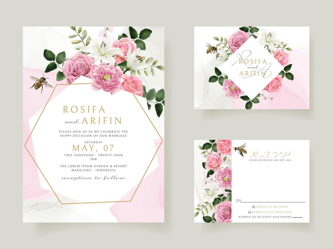 Plantilla de tarjeta de invitación de boda con hermosa mano floral dibujada vector