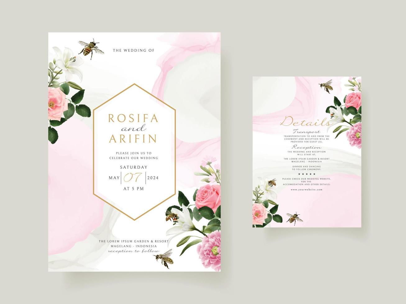 Plantilla de tarjeta de invitación de boda con hermosa mano floral dibujada vector