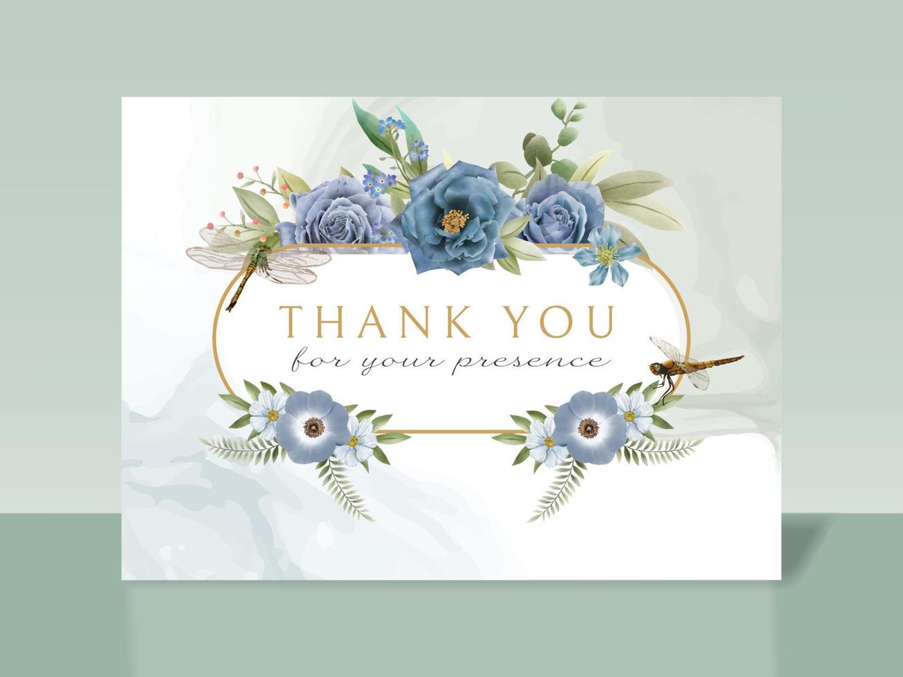 Blue flowers and dragonfly hand drawn wedding invitation card vector