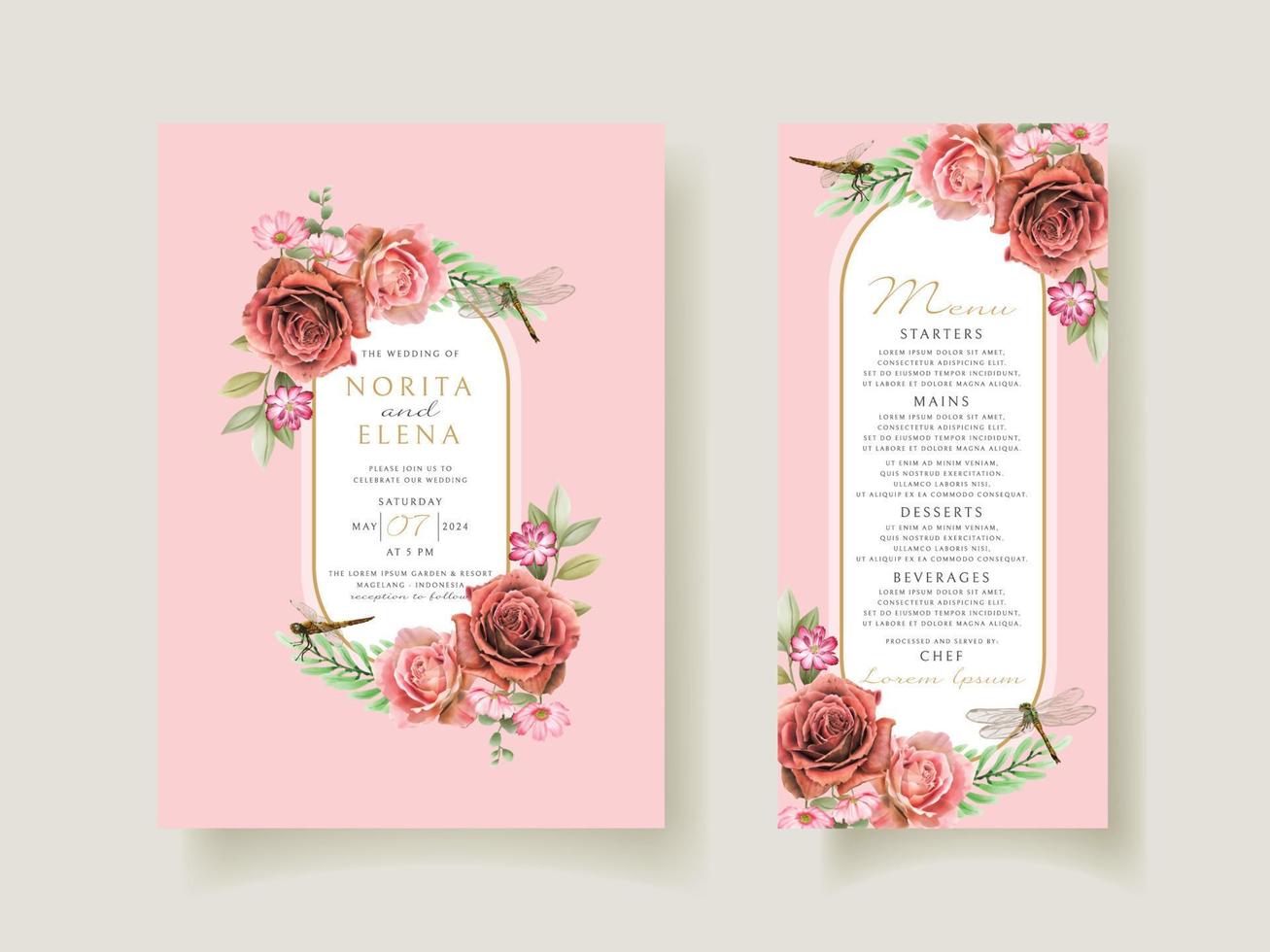 tarjeta de invitación de boda de acuarela de pintura floral y libélula vector