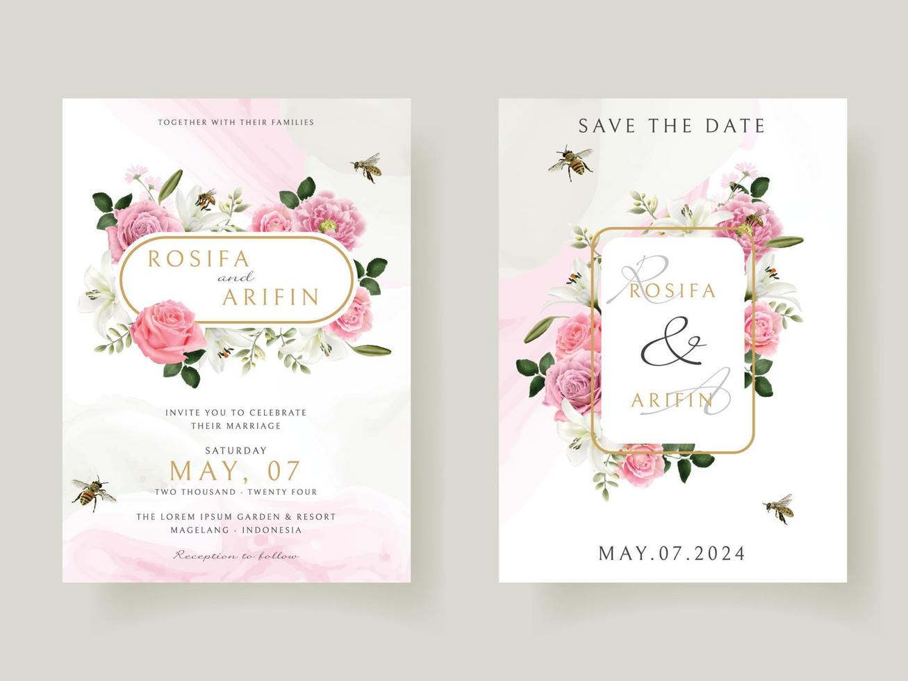 Plantilla de tarjeta de invitación de boda con hermosa mano floral dibujada vector