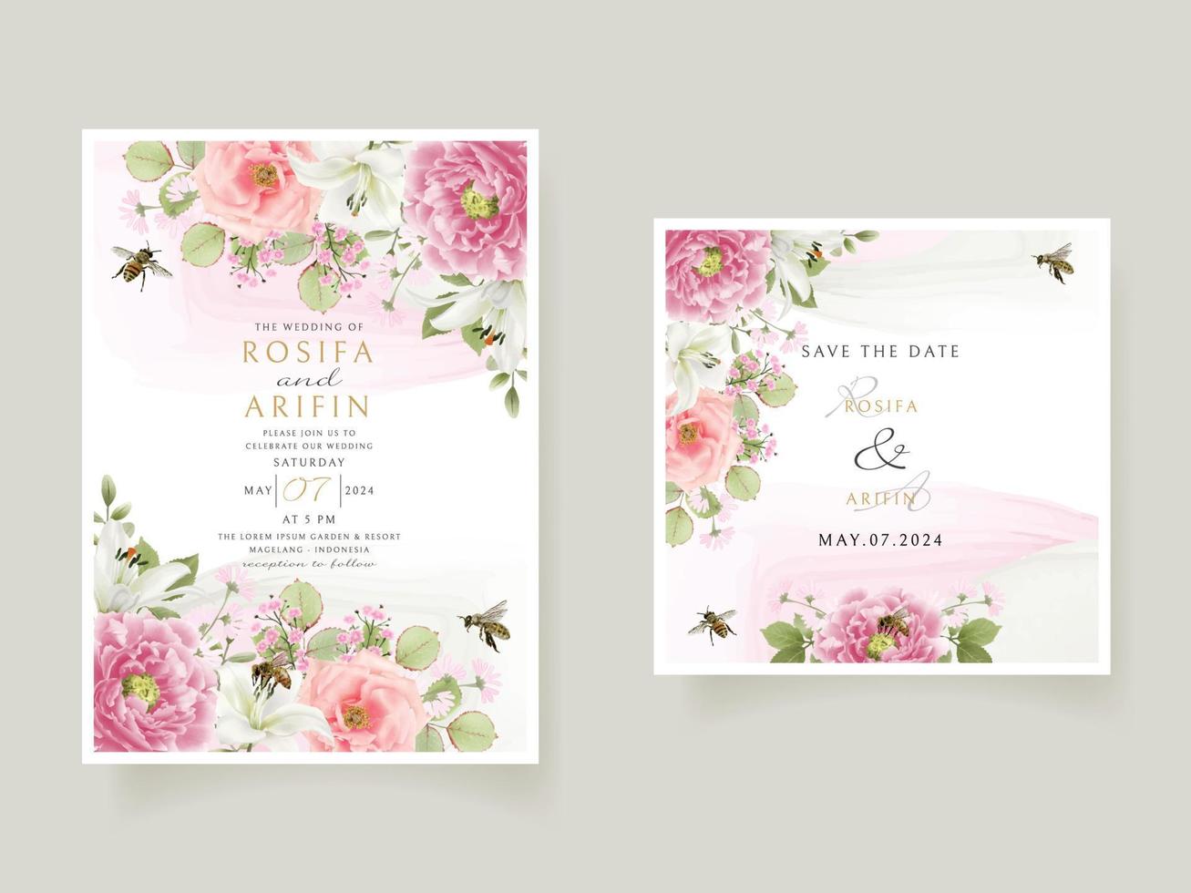 wedding invitation card template with beautiful floral hand drawn vector