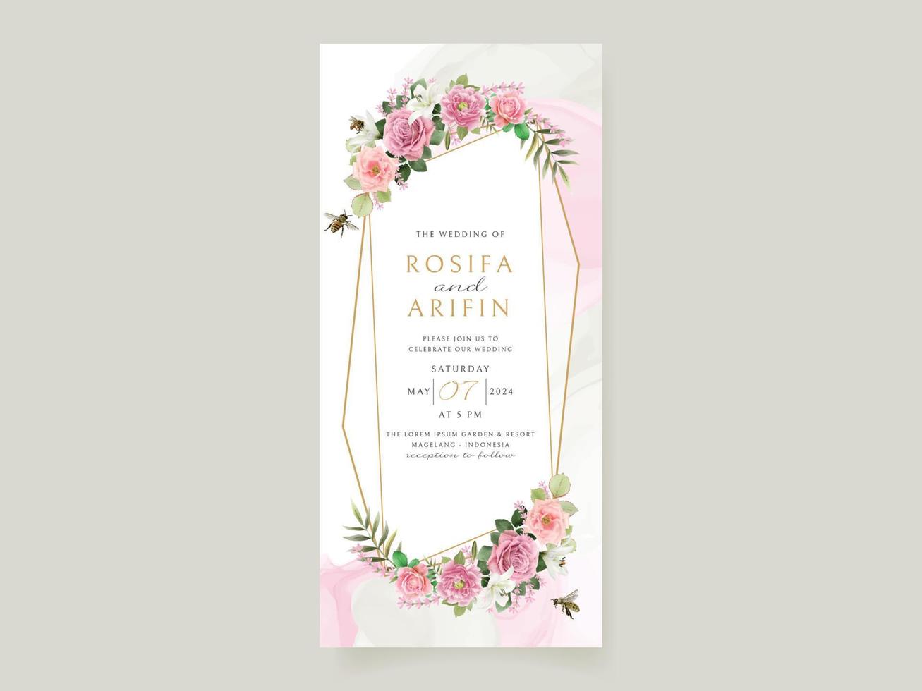 wedding invitation card template with beautiful floral hand drawn vector