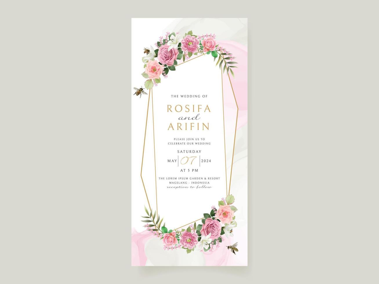 Plantilla de tarjeta de invitación de boda con hermosa mano floral dibujada vector