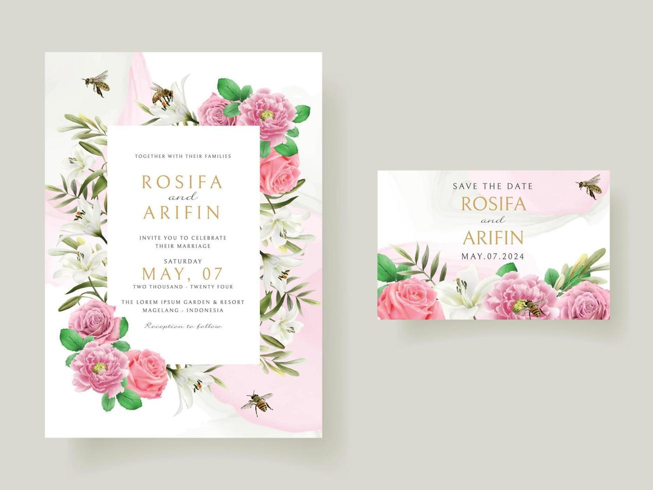 wedding invitation card template with beautiful floral hand drawn vector