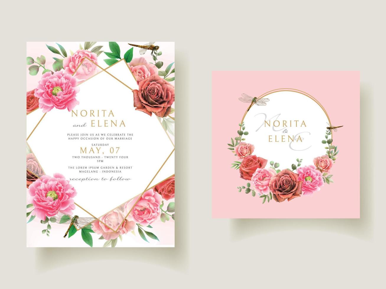 Floral and dragonfly painting watercolor wedding invitation card vector