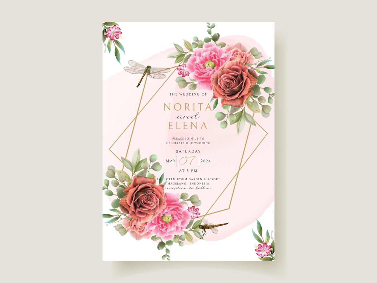 tarjeta de invitación de boda de acuarela de pintura floral y libélula vector