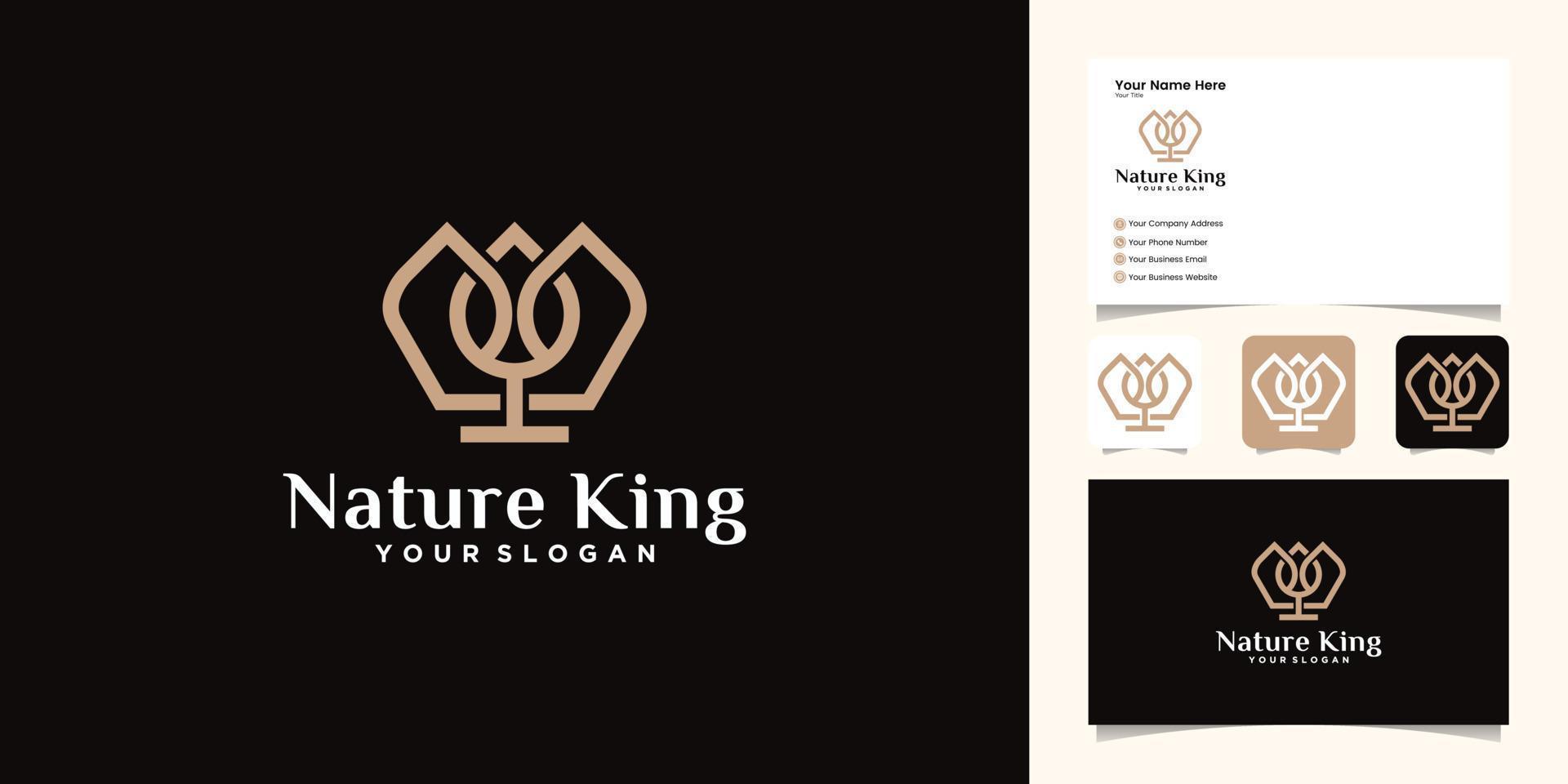 Natural crown and leaf logo design with gold color template and business card vector