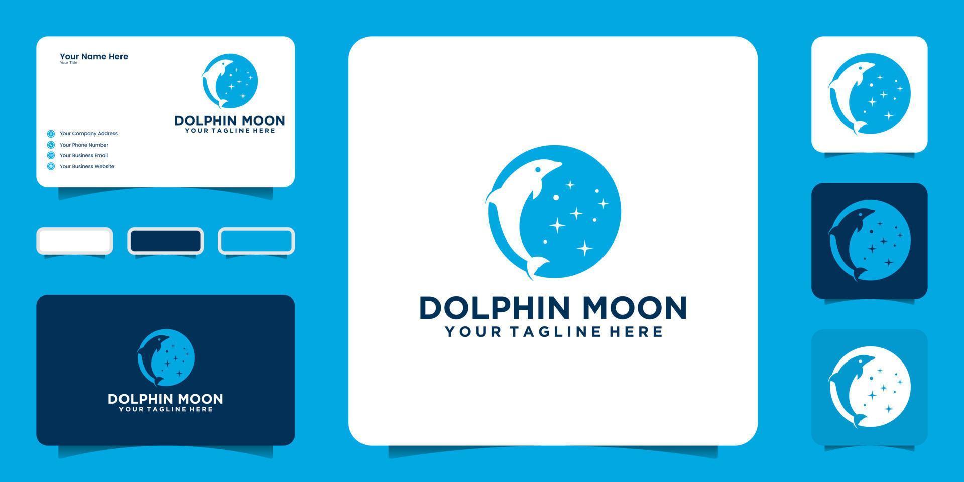 dolphin jumping moon logo design and business card vector