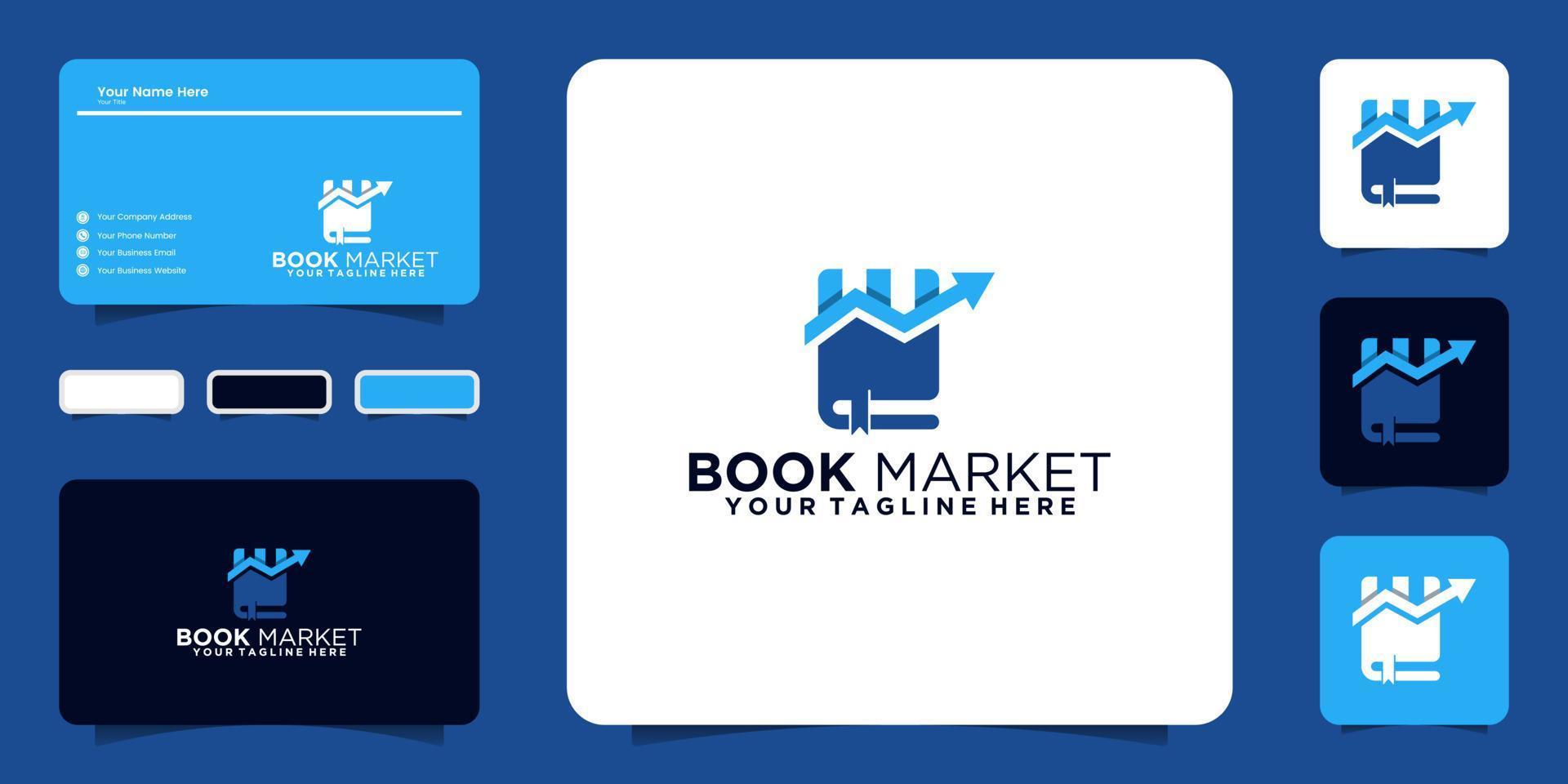 logotipo de diseño inspirador del mercado del libro y tarjeta de visita vector