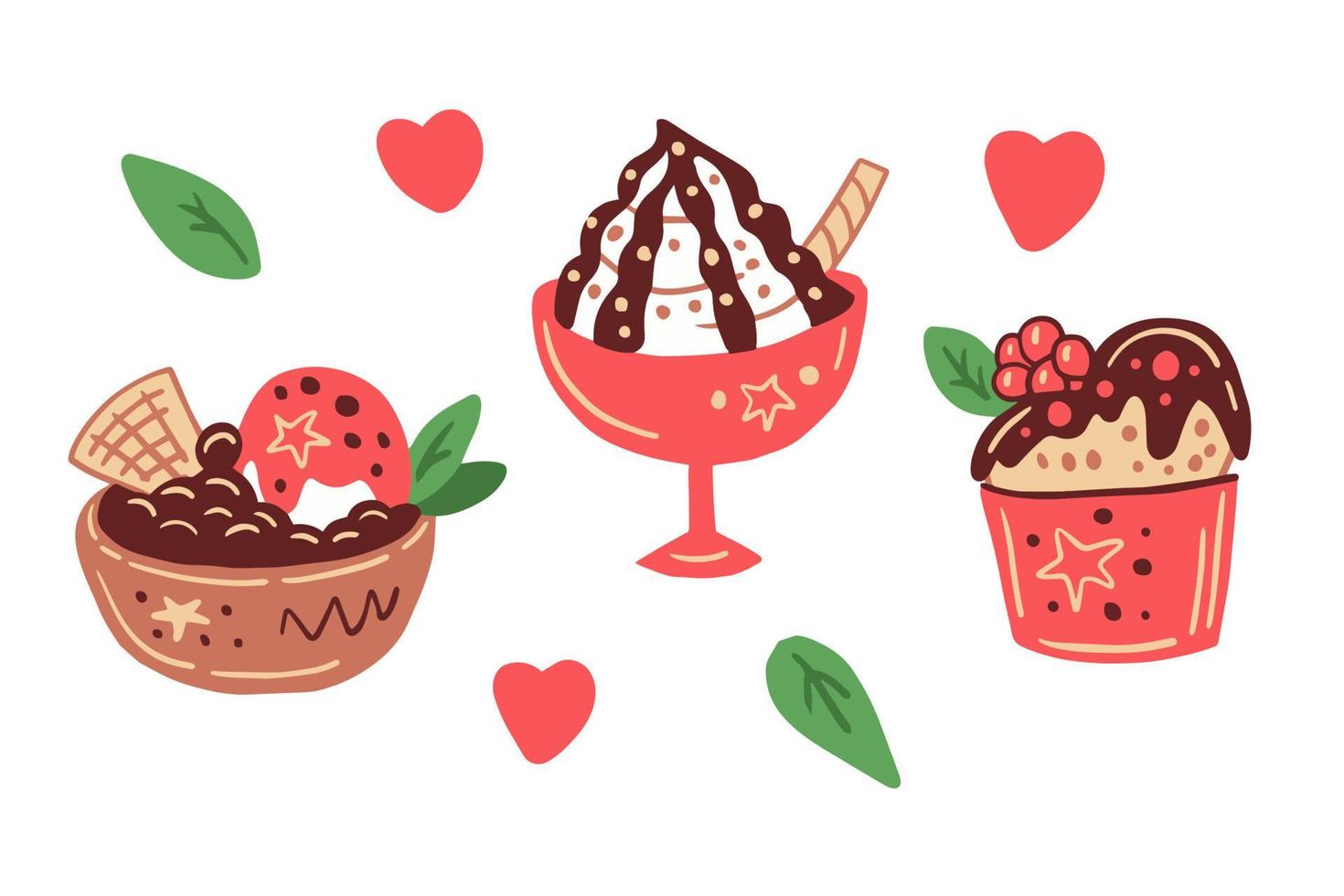 Cute doodle dessert pink set vector