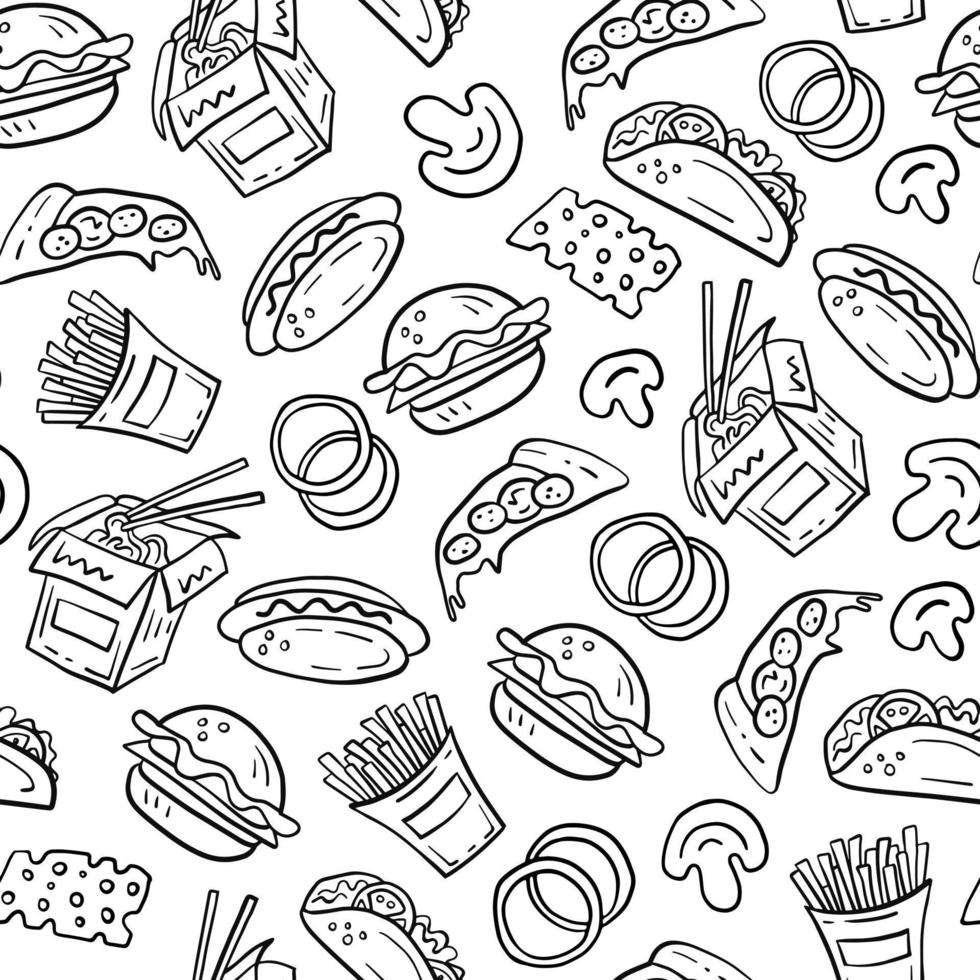 Fast food doodle seamless pattern cartoon style vector