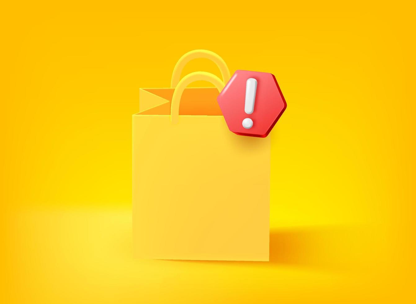 bolsa de compras con pictograma de signo de exclamación. ilustración vectorial 3d vector