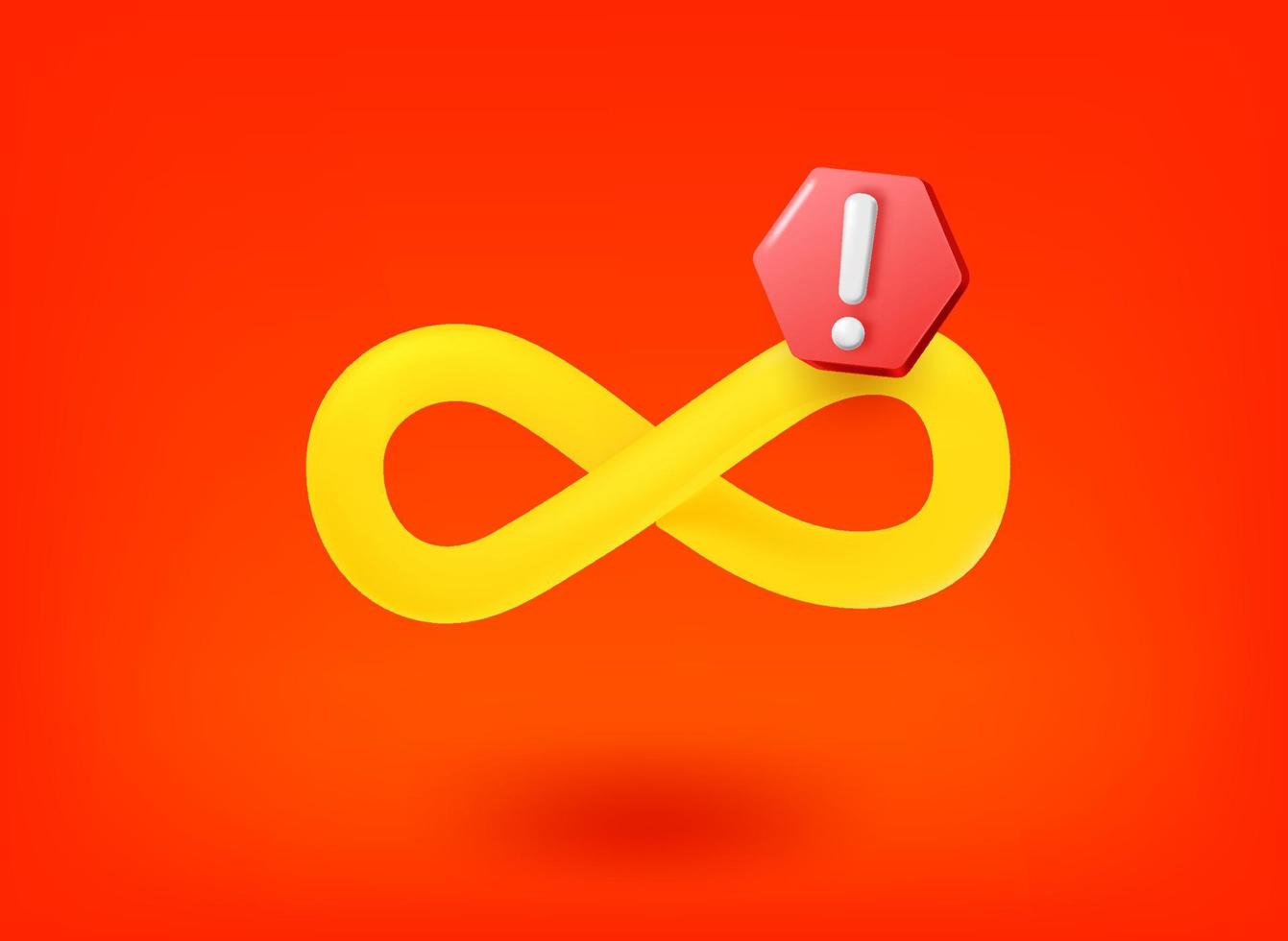 Infinity symbol with exclamation point pictogram. Vector 3d illustration