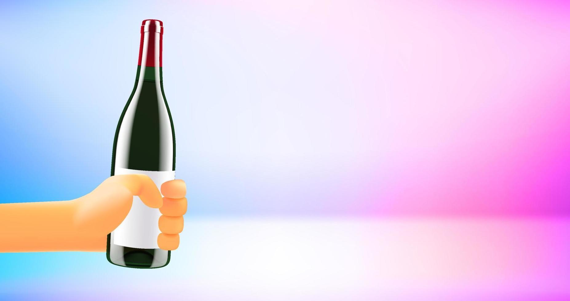 Man holding bottle of vine. 3d vector banner with copy space
