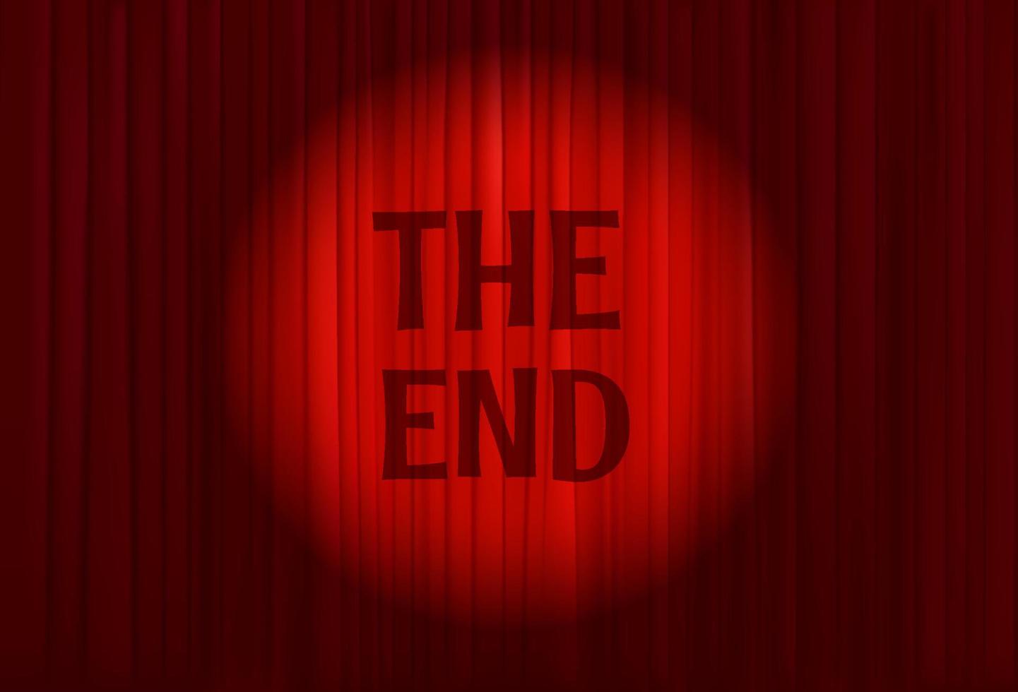 Red cinema curtains with light beam and unscription The end. Vector illustration