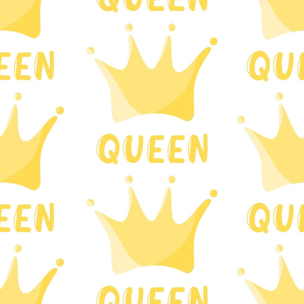 Seamless pattern with doodle royal crown shape. Simple vector nursery fabric print template. Queen word isolated on white background.