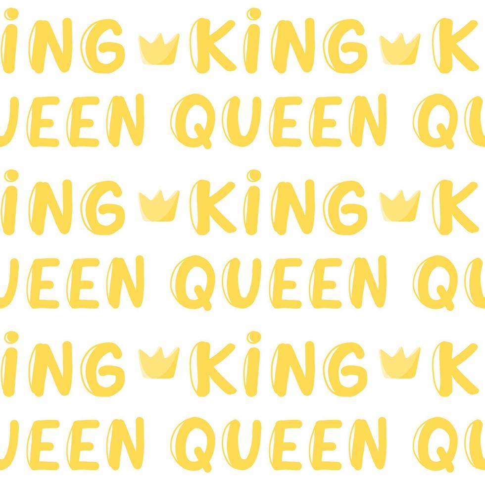 Seamless pattern with doodle royal crown shape. Simple vector nursery fabric print template. King and queen lettering.
