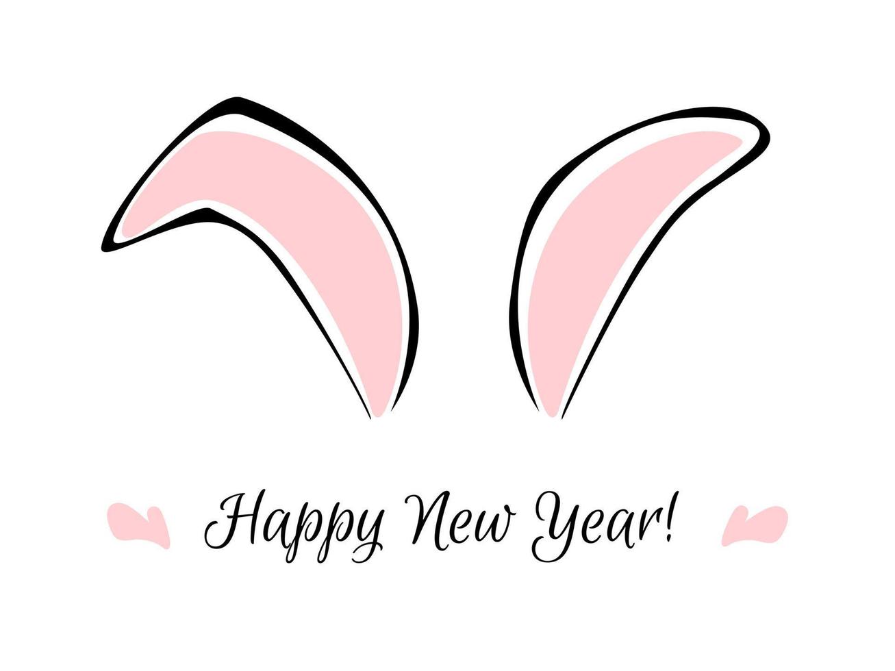 Happy New Year greeting card vector template, graphic bunny rabbit animal cute ears and handwritten text lettering. Holiday celebration winter season isolated flat design poster.