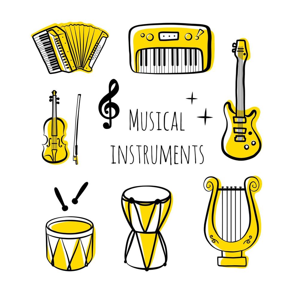 conjunto de instrumentos musicales de contorno, vector aislado en siluetas de fondo blanco, iconos de garabatos dibujados a mano simple.