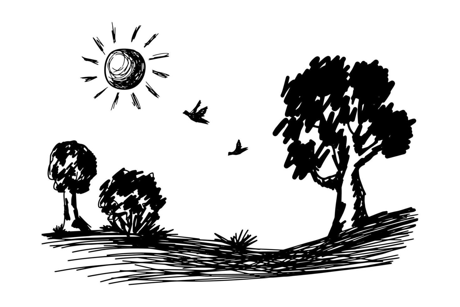 Hand drawn nature landscape sketch isolated on white background. Doodle drawing with trees, birds and sun. Rough pen drawing. vector