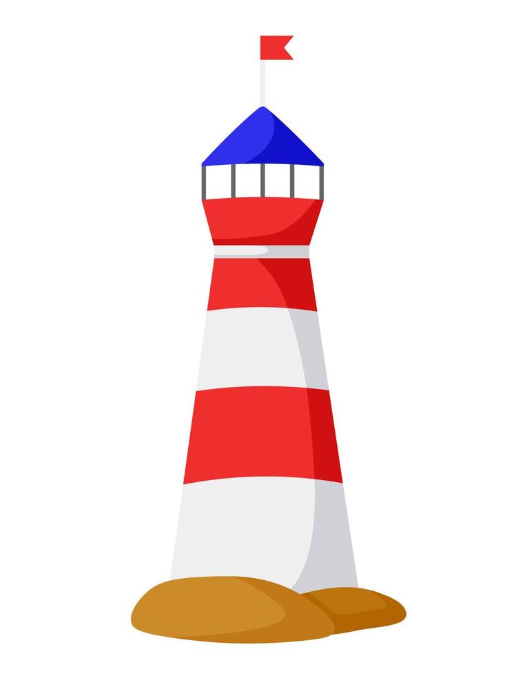 Red lighthouse building isolated on white background. Vector cartoon illustration.