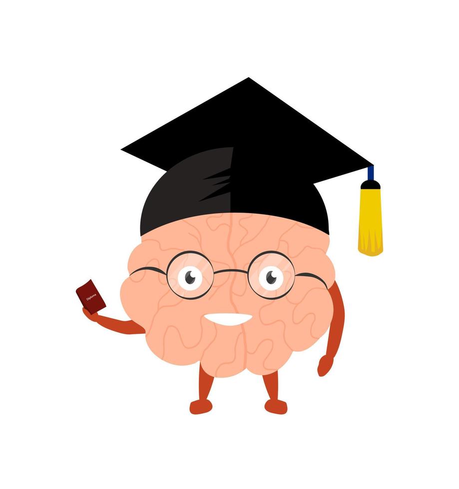 lindo personaje cerebral con gorra de graduación negra y diploma. ilustración vectorial de dibujos animados aislado sobre fondo blanco. mascota kawaii feliz. concepto de educación vector