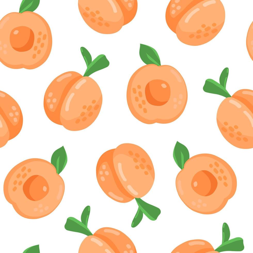 Colorful cartoon peach or apricot fruit seamless pattern isolated on white background. Doodle simple vector juicy food. Juice packaging design. Summer fabric print template.