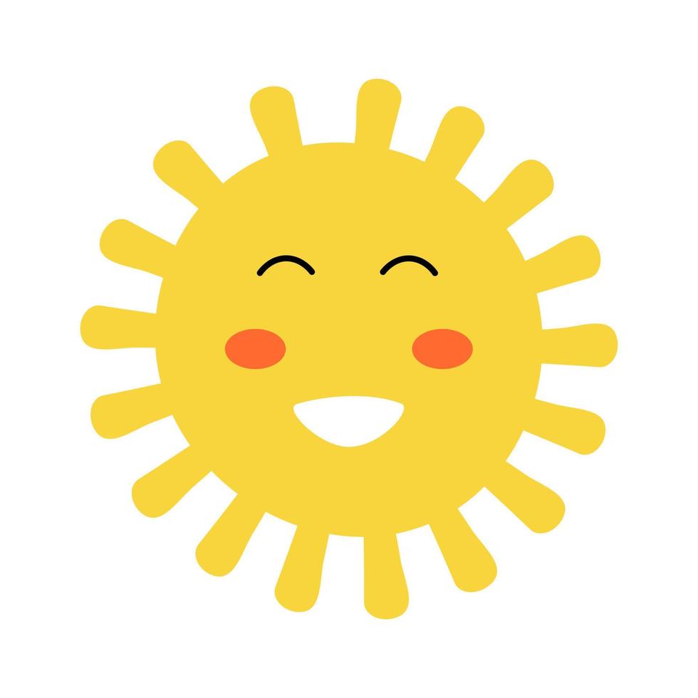 Cute cartoon sun character with kawaii face. Simple doodle yellow mascot isolated on white background. Flat hand drawn icon. vector