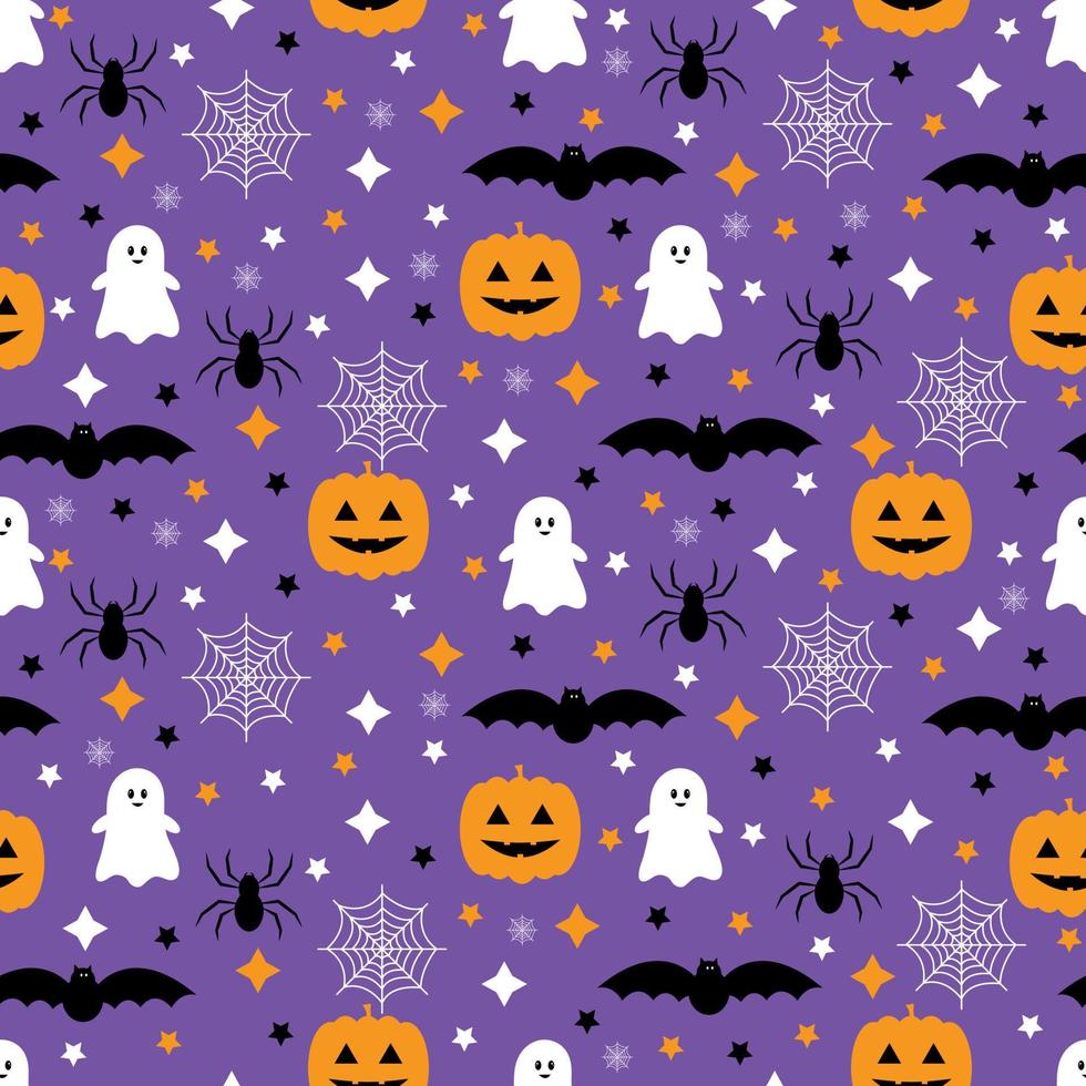 Seamless pattern with pumpkins, bats, spider, ghost. Halloween background. Vector illustration.