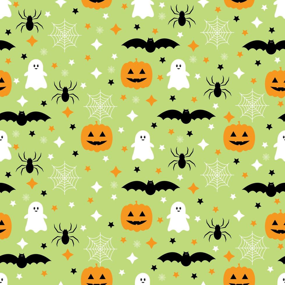 Seamless pattern with pumpkins, bats, spider, ghost. Halloween background. Vector illustration.