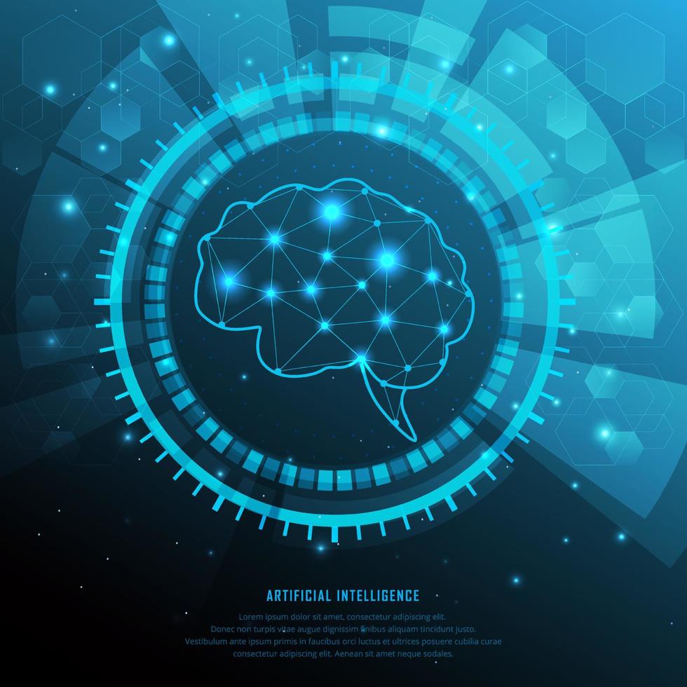 fondo moderno de inteligencia artificial. fondo del día de la ciencia tecnológica con el cerebro y el vector de elementos geométricos.