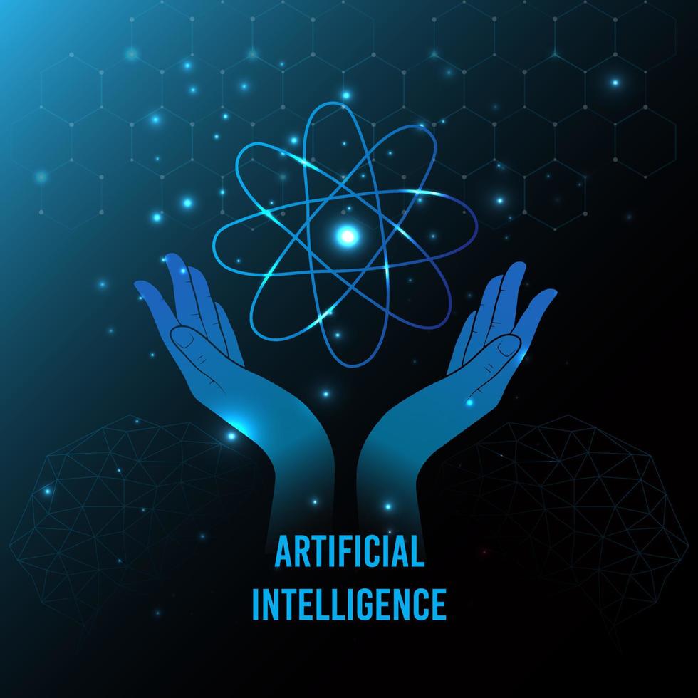 Futuristic Artificial intelligence background. Technology Science Day background with chipset, hand and geometric elements vector. vector