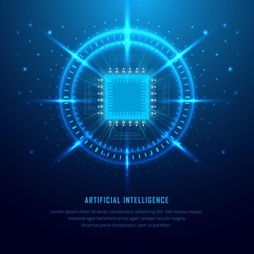 fondo moderno de inteligencia artificial. fondo del día de la ciencia tecnológica con chipset, mano y vector de elementos geométricos.