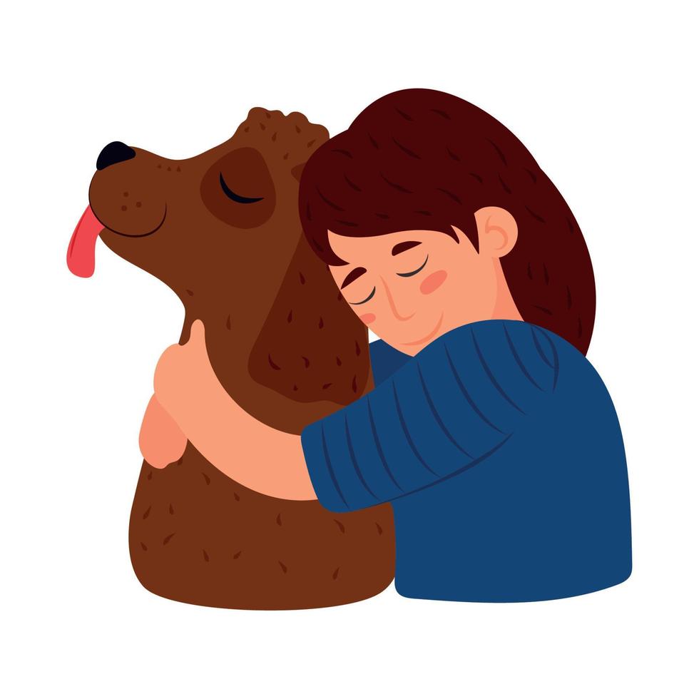 mujer abraza a un perro vector