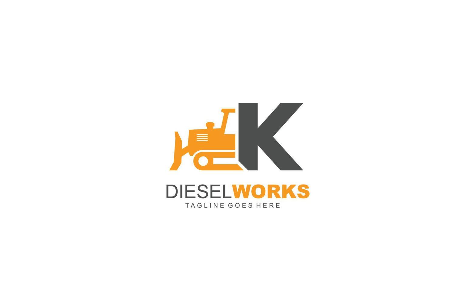 Excavadora de logotipo k para empresa constructora. ilustración de vector de plantilla de equipo pesado para su marca.