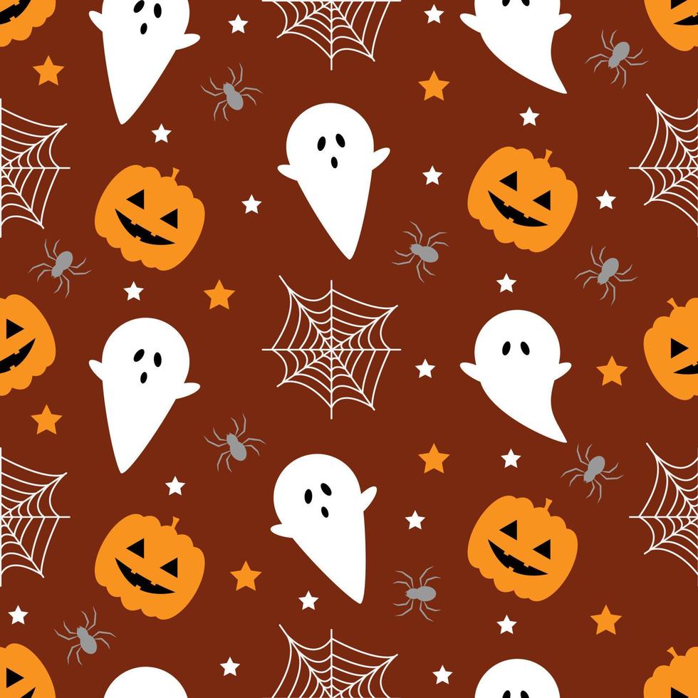 Seamless pattern with pumpkins, spider, ghost. Halloween background. Vector illustration.